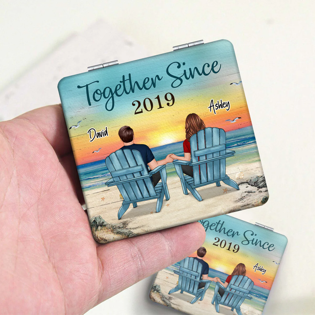 Back View Couple Sitting Beach Landscape You & Me We Got This Personalized Square Compact Mirror - Image 3