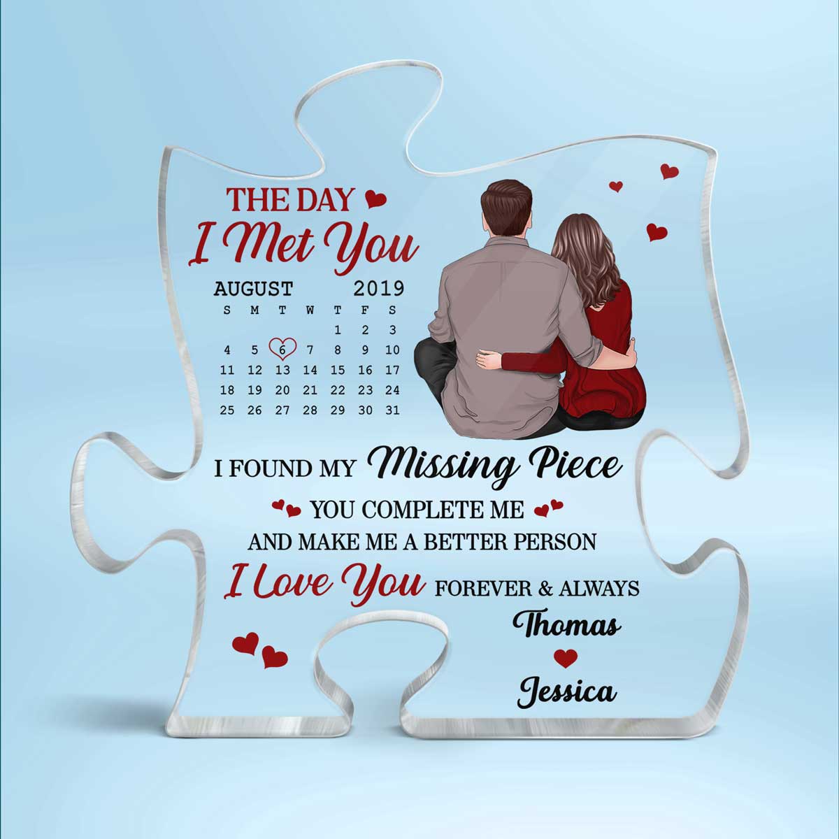 Back View Couple Sitting Calendar Anniversary Date Personalized Puzzle Acrylic Plaque - Image 2