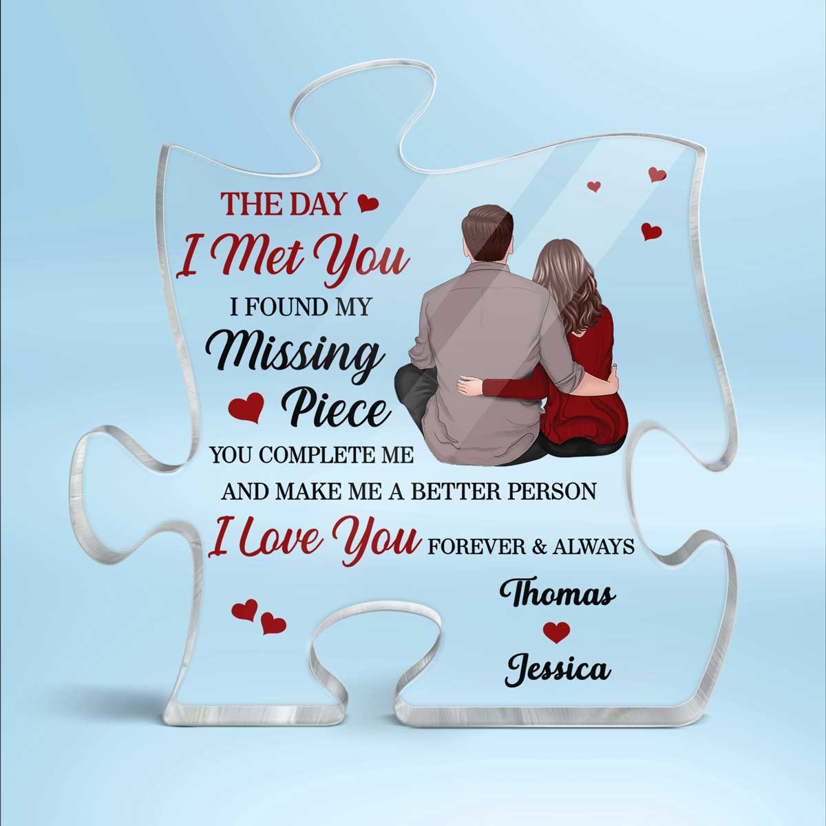 Back View Couple Sitting Found My Missing Piece Valentine‘s Day Anniversary Gift For Him For Her Personalized Puzzle Acrylic Plaque - Image 2
