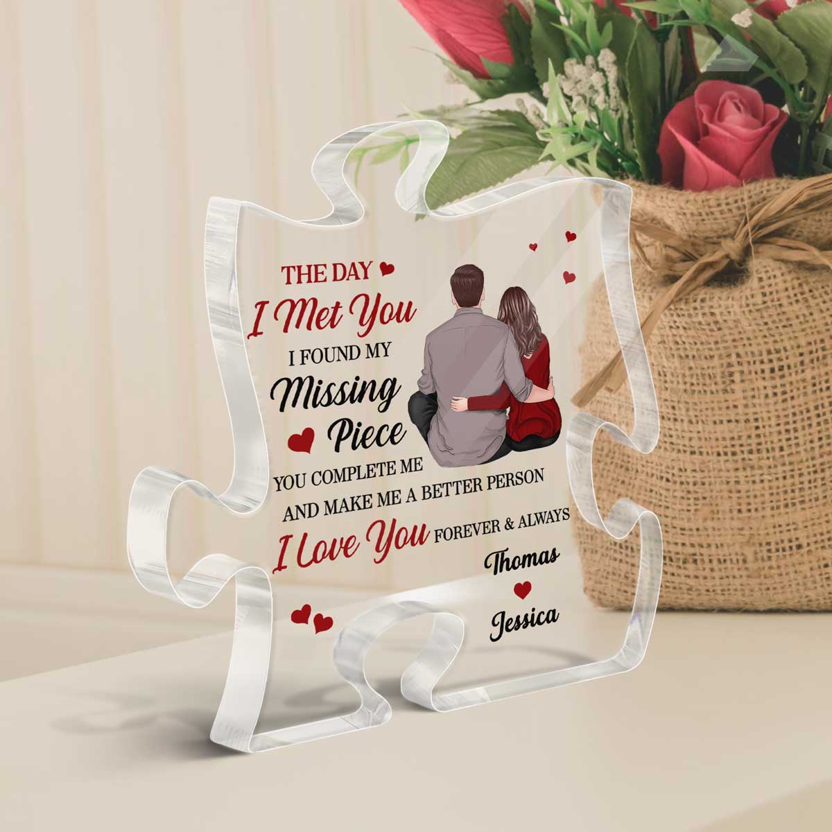 Back View Couple Sitting Found My Missing Piece Valentine‘s Day Anniversary Gift For Him For Her Personalized Puzzle Acrylic Plaque - Image 3