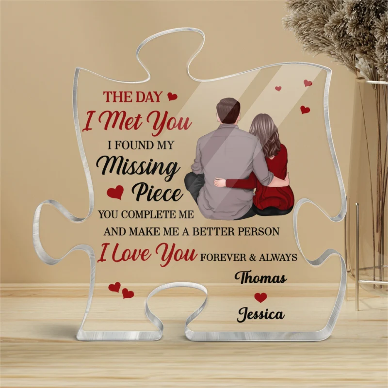 Back View Couple Sitting Found My Missing Piece Valentine‘s Day Anniversary Gift For Him For Her Personalized Puzzle Acrylic Plaque - Image 4