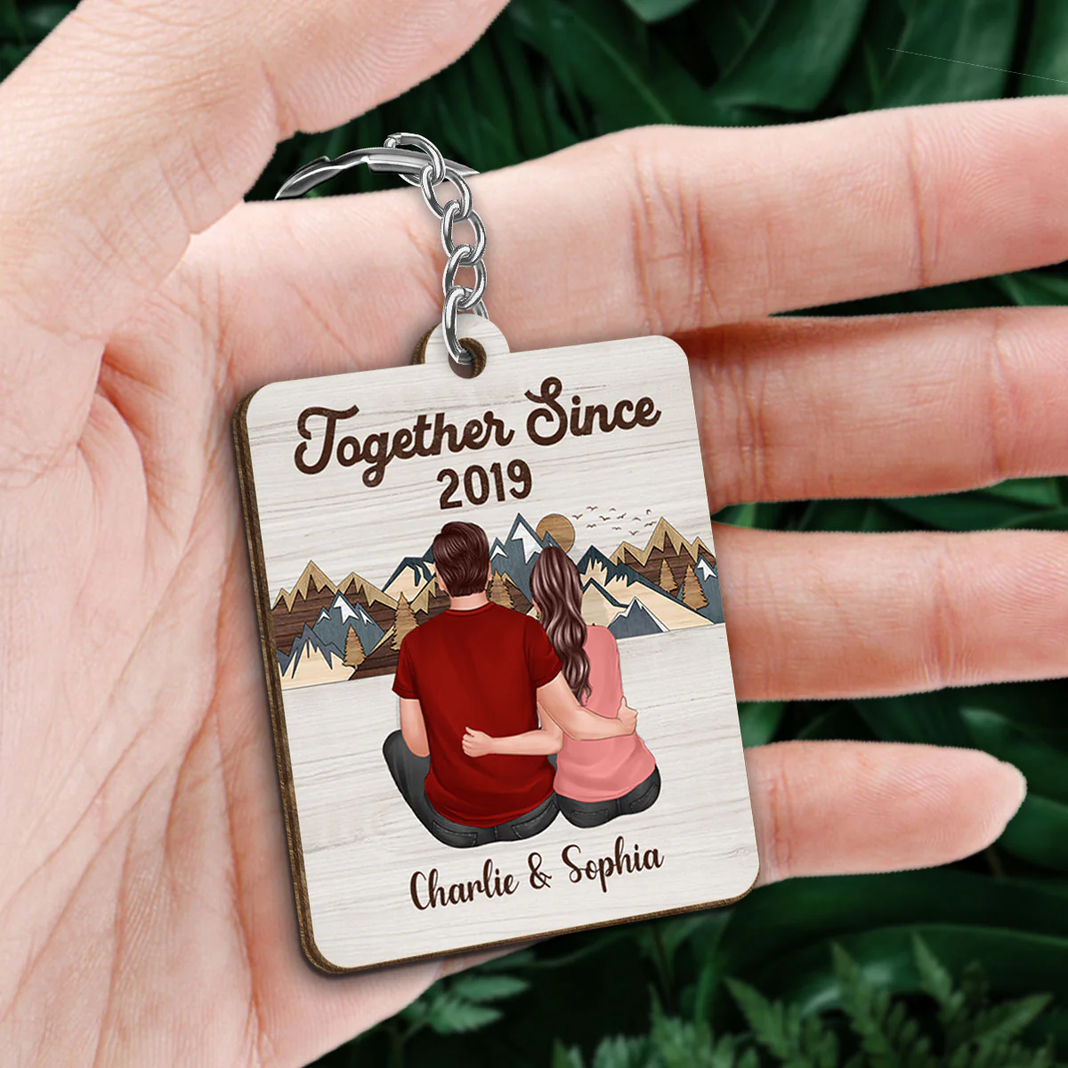 Back View Couple Sitting Hugging Favorite Song QR Code Mountain Layer Effect Personalized Wooden Keychain - Image 2
