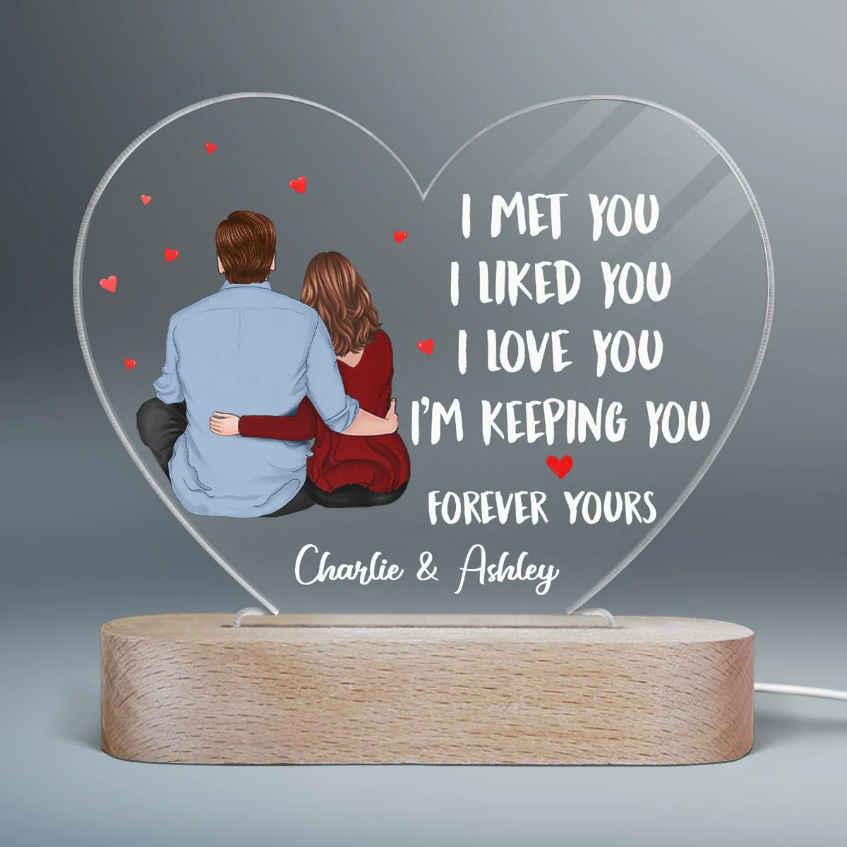 Back View Couple Sitting I Met You Like You Love You Gift For Him For Her Personalized Acrylic Heart Plaque LED Lamp Night Light - Image 2