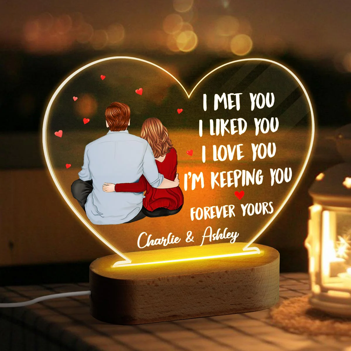 Back View Couple Sitting I Met You Like You Love You Gift For Him For Her Personalized Acrylic Heart Plaque LED Lamp Night Light - Image 3