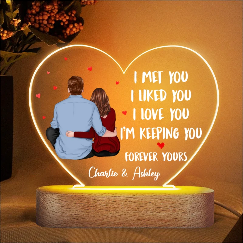 Back View Couple Sitting I Met You Like You Love You Gift For Him For Her Personalized Acrylic Heart Plaque LED Lamp Night Light - Image 4