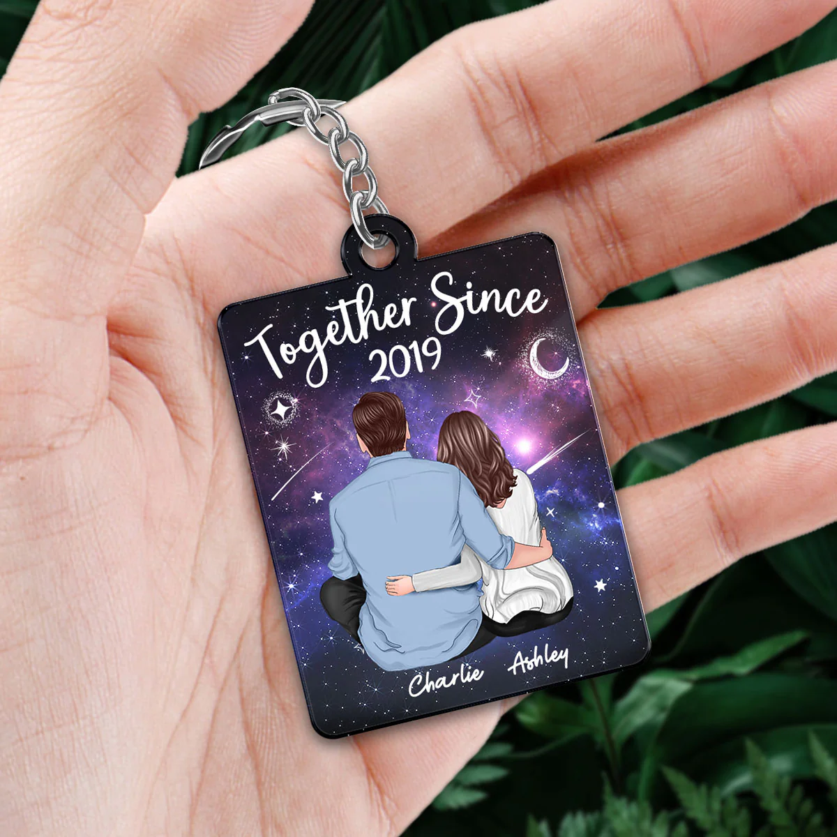 Back View Couple Sitting In Galaxy Night Favorite Song Scannable QR Code Personalized Acrylic Keychain - Image 2