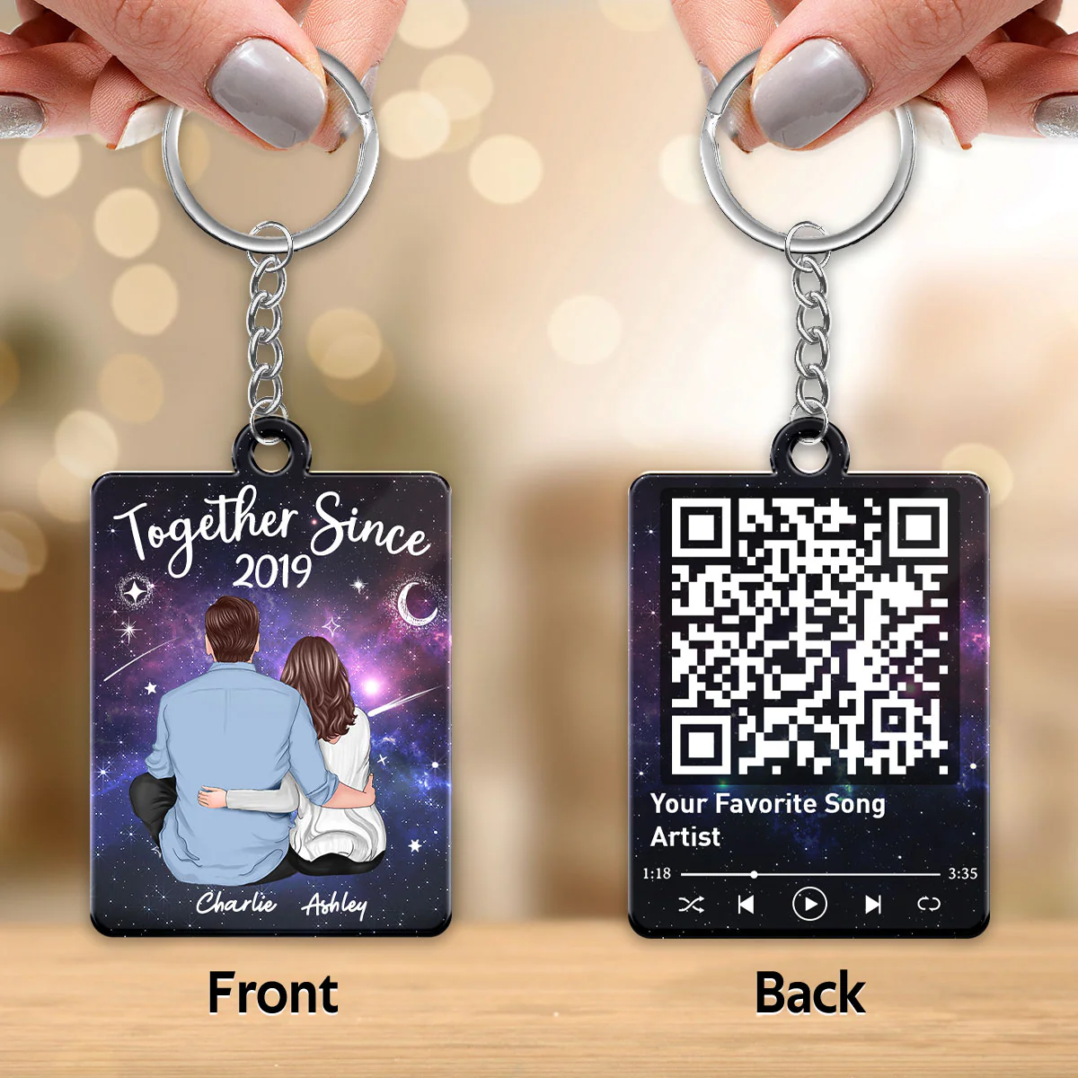Back View Couple Sitting In Galaxy Night Favorite Song Scannable QR Code Personalized Acrylic Keychain - Image 3