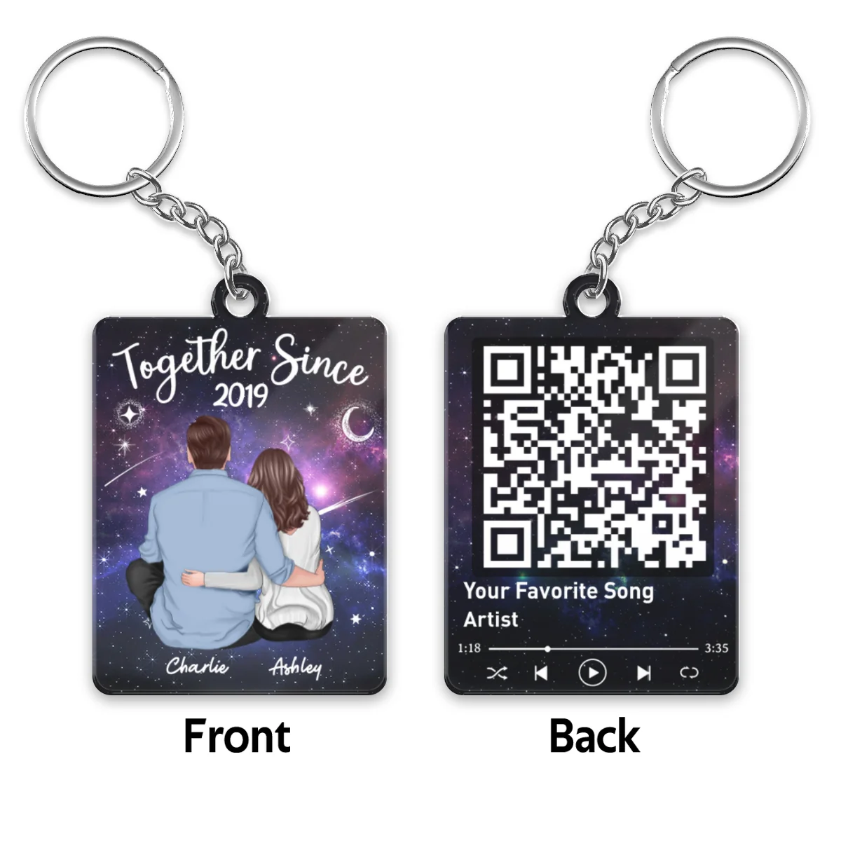 Back View Couple Sitting In Galaxy Night Favorite Song Scannable QR Code Personalized Acrylic Keychain - Image 4