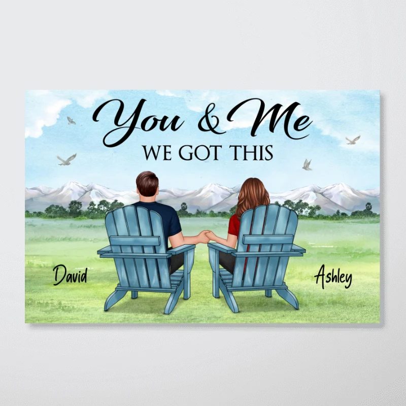 Back View Couple Sitting Mountain View Personalized Horizontal Poster - Image 3