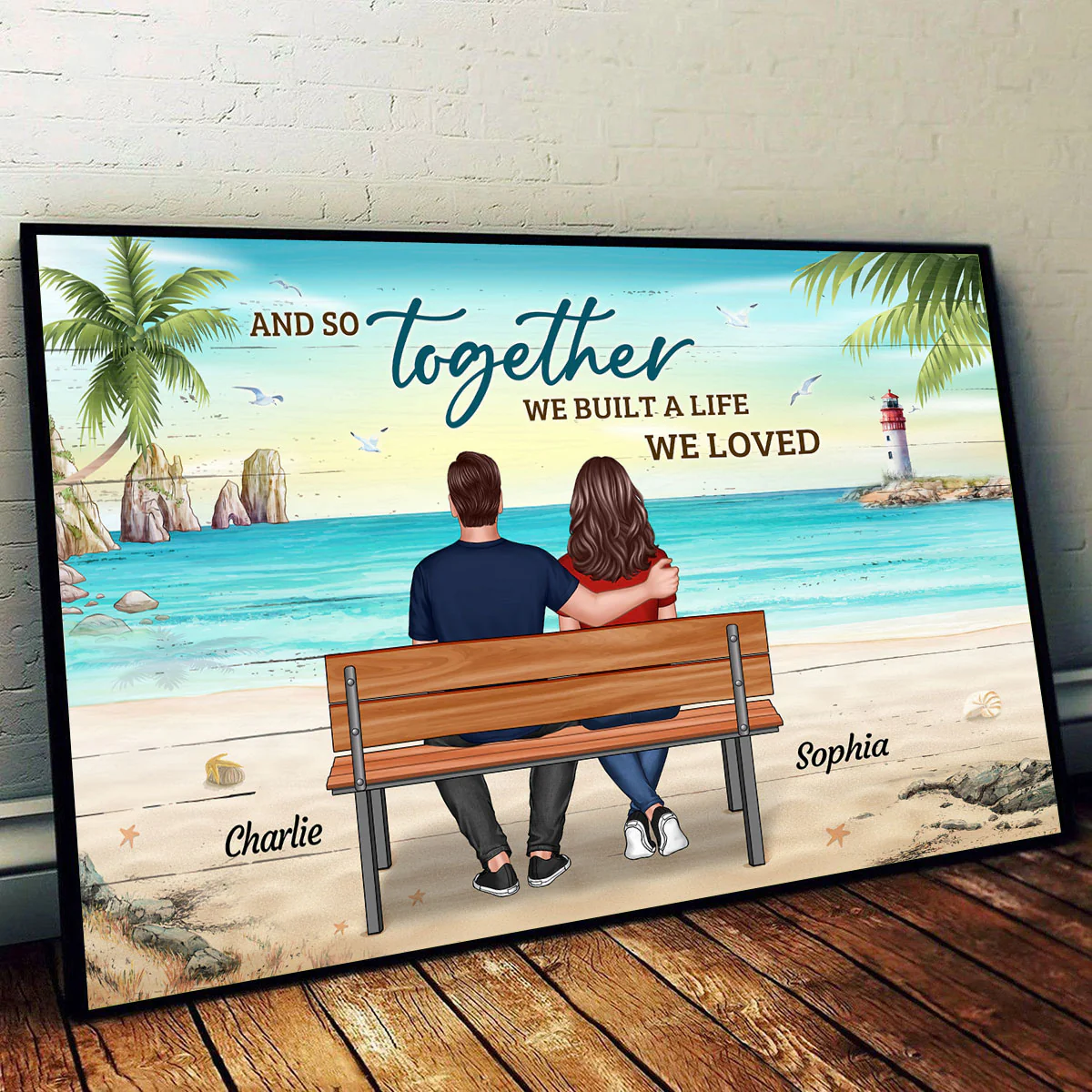 Back View Couple Sitting On Bench At Beach Personalized Horizontal Poster - Image 2