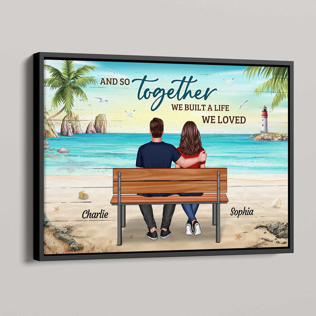 Back View Couple Sitting On Bench At Beach Personalized Horizontal Poster - Image 3