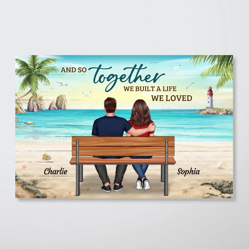 Back View Couple Sitting On Bench At Beach Personalized Horizontal Poster - Image 4