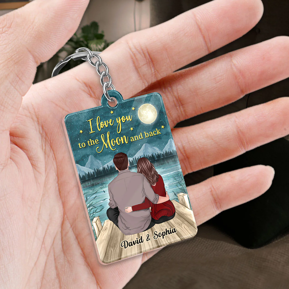 Back View Couple Sitting On Bridge I Love You To The Moon And Back Favorite Song Scannable QR Code Personalized Acrylic Keychain - Image 2