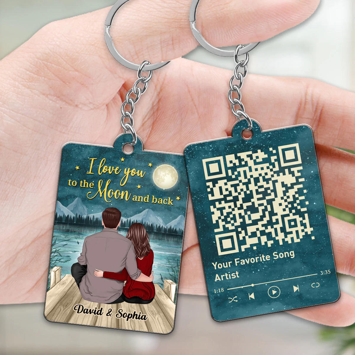 Back View Couple Sitting On Bridge I Love You To The Moon And Back Favorite Song Scannable QR Code Personalized Acrylic Keychain - Image 3