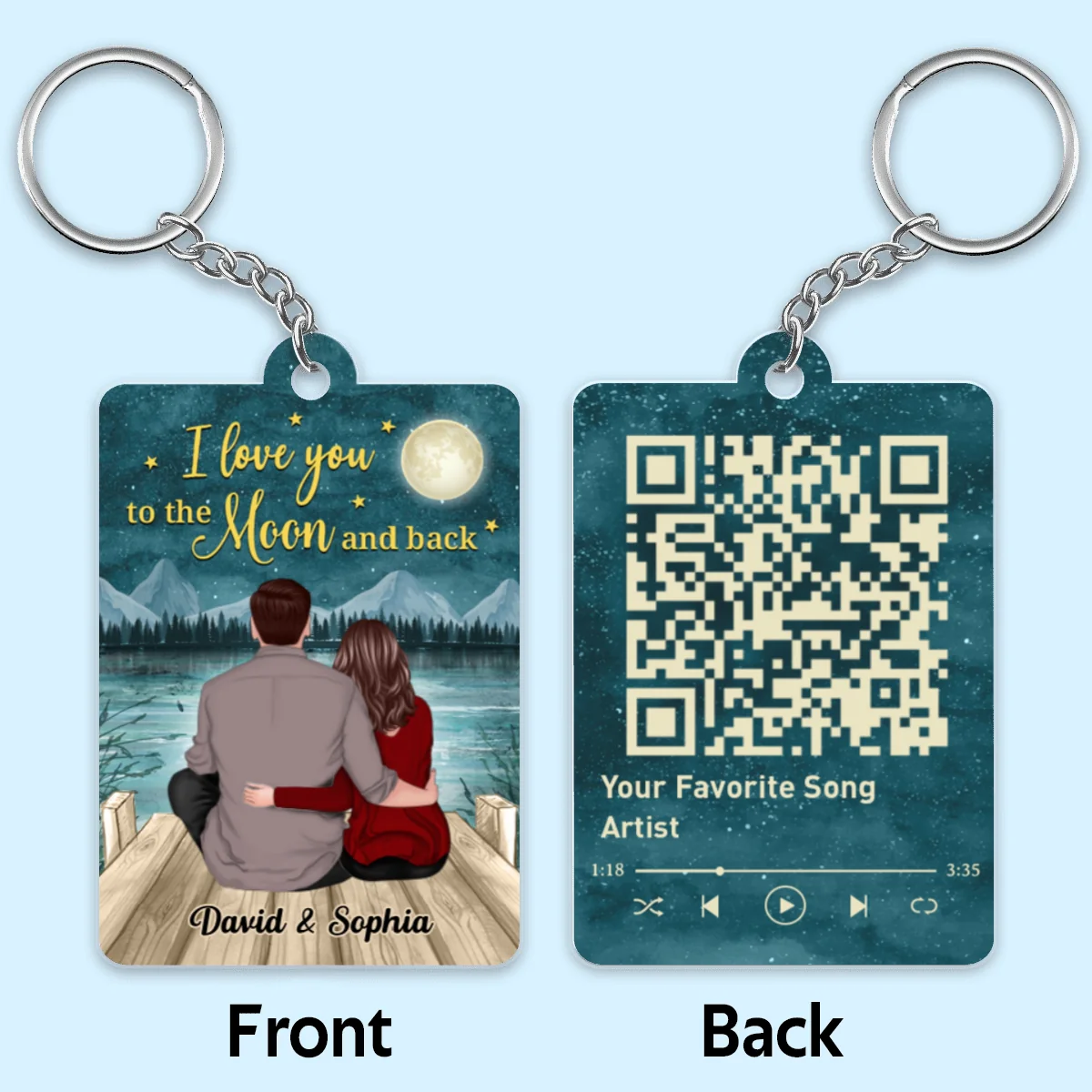 Back View Couple Sitting On Bridge I Love You To The Moon And Back Favorite Song Scannable QR Code Personalized Acrylic Keychain - Image 4