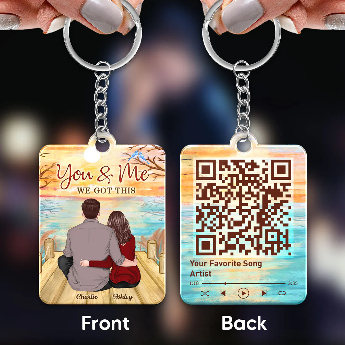Back View Couple Sitting On Bridge Reflection Lake Favorite Song Scannable QR Code Personalized Acrylic Keychain - Image 2
