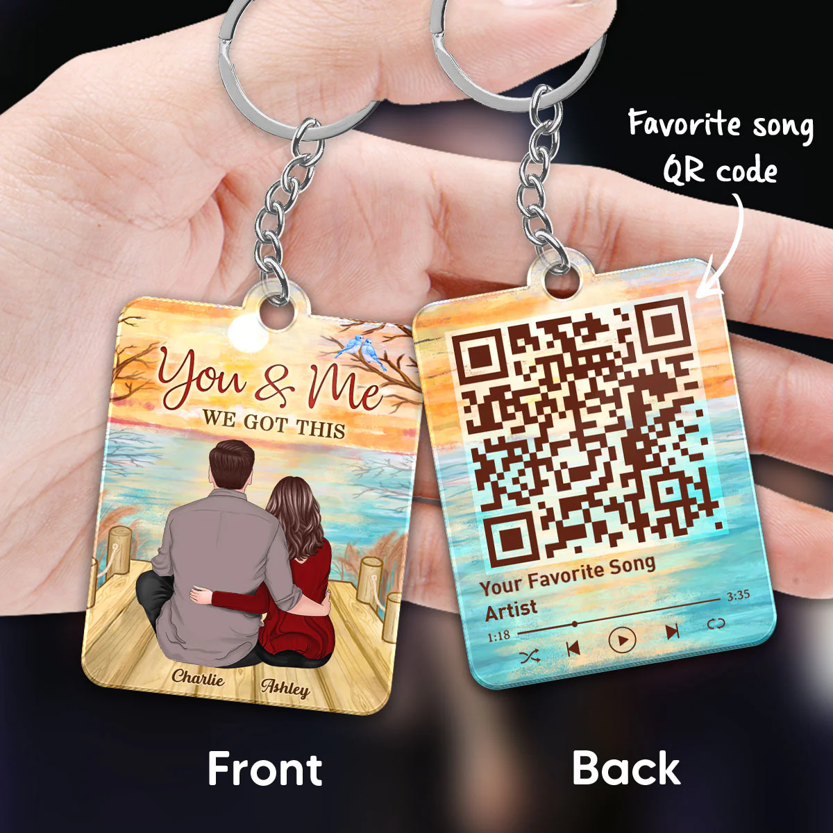 Back View Couple Sitting On Bridge Reflection Lake Favorite Song Scannable QR Code Personalized Acrylic Keychain - Image 3