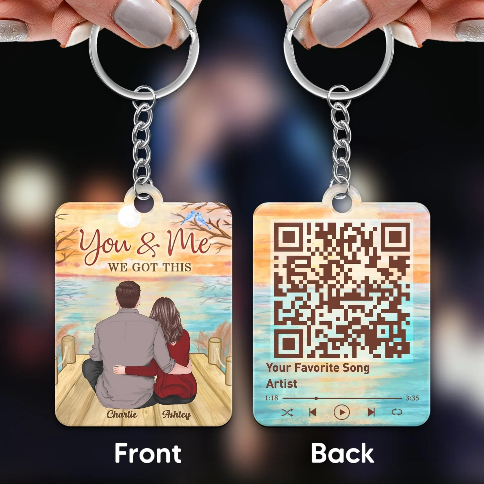 Back View Couple Sitting On Bridge Reflection Lake Favorite Song Scannable QR Code Personalized Acrylic Keychain - Image 4