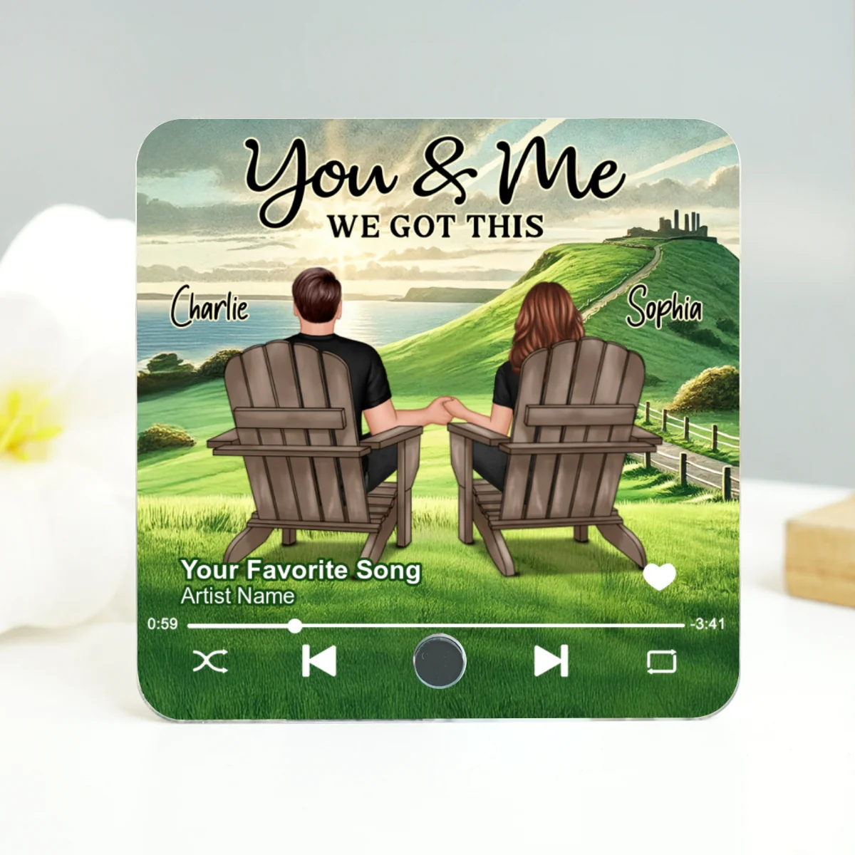 Back View Couple Sitting On Grass Hill Personalized Music Fridge Magnet, Heartfelt Gift For Couple, For Him, For Her - Image 10