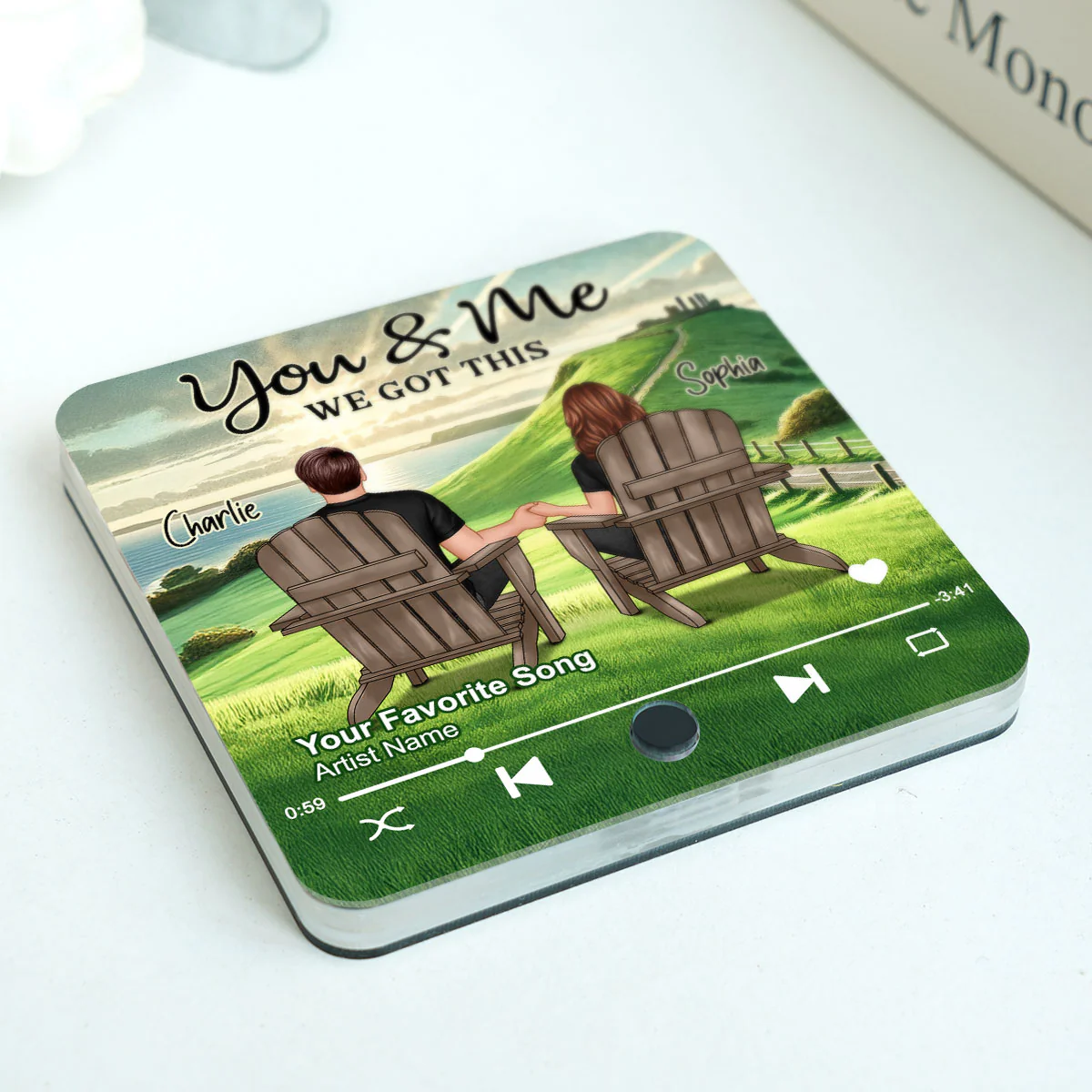 Back View Couple Sitting On Grass Hill Personalized Music Fridge Magnet, Heartfelt Gift For Couple, For Him, For Her - Image 3