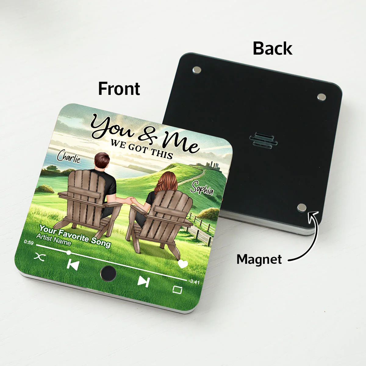Back View Couple Sitting On Grass Hill Personalized Music Fridge Magnet, Heartfelt Gift For Couple, For Him, For Her - Image 4