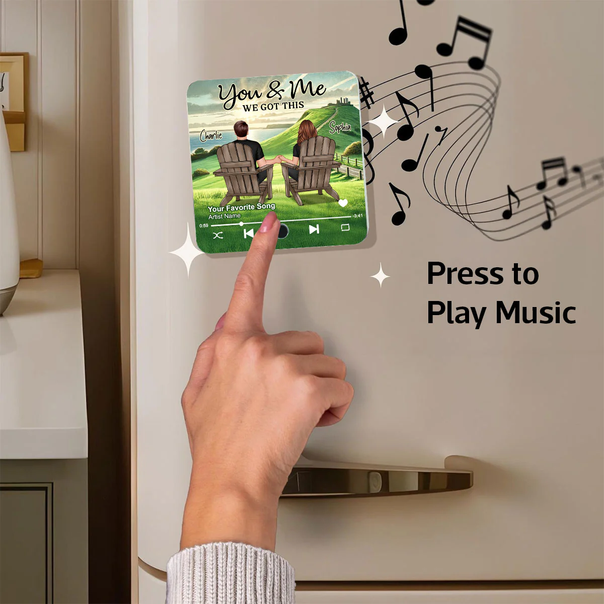 Back View Couple Sitting On Grass Hill Personalized Music Fridge Magnet, Heartfelt Gift For Couple, For Him, For Her - Image 6