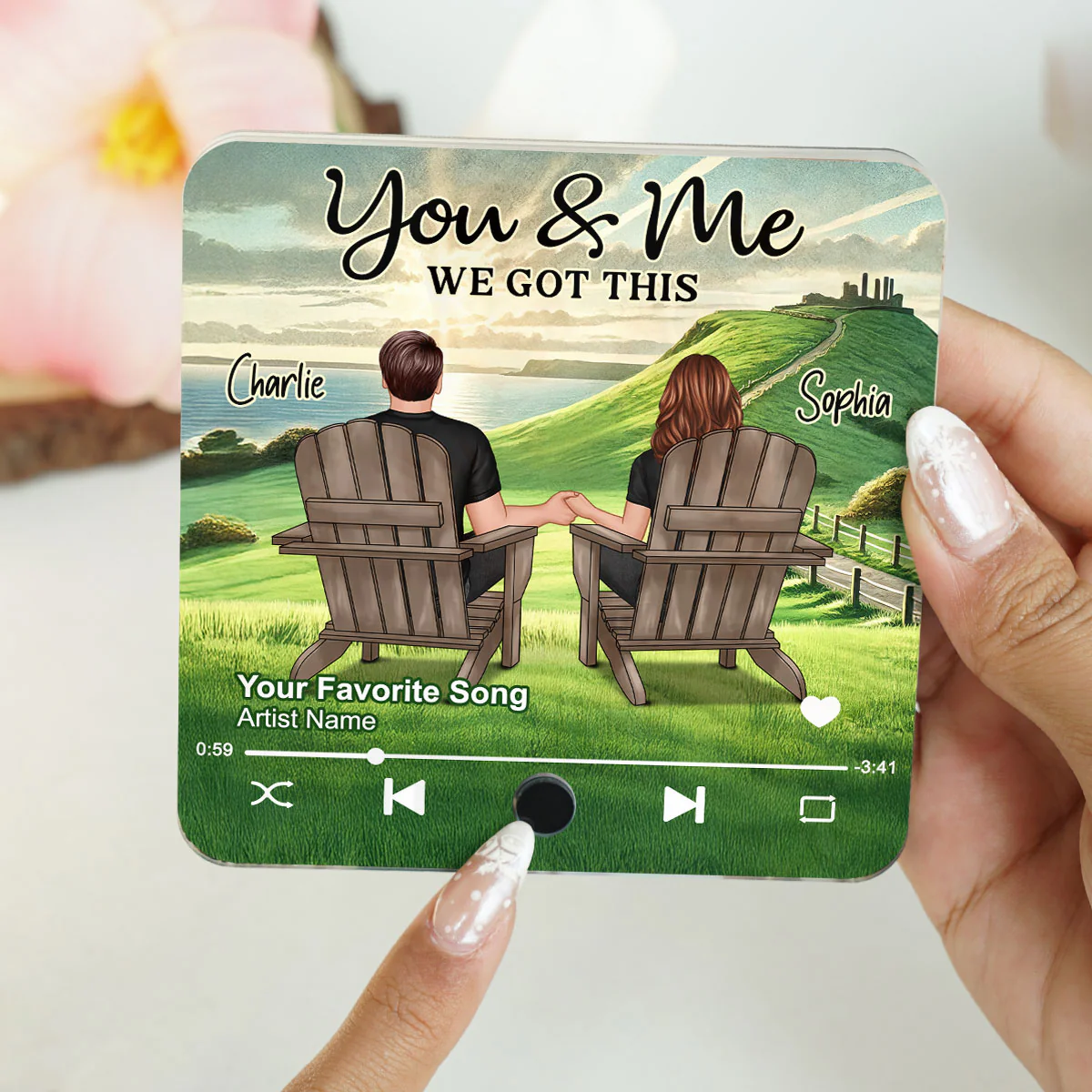 Back View Couple Sitting On Grass Hill Personalized Music Fridge Magnet, Heartfelt Gift For Couple, For Him, For Her - Image 7