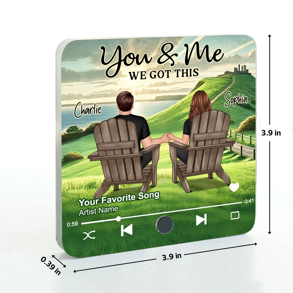 Back View Couple Sitting On Grass Hill Personalized Music Fridge Magnet, Heartfelt Gift For Couple, For Him, For Her - Image 8