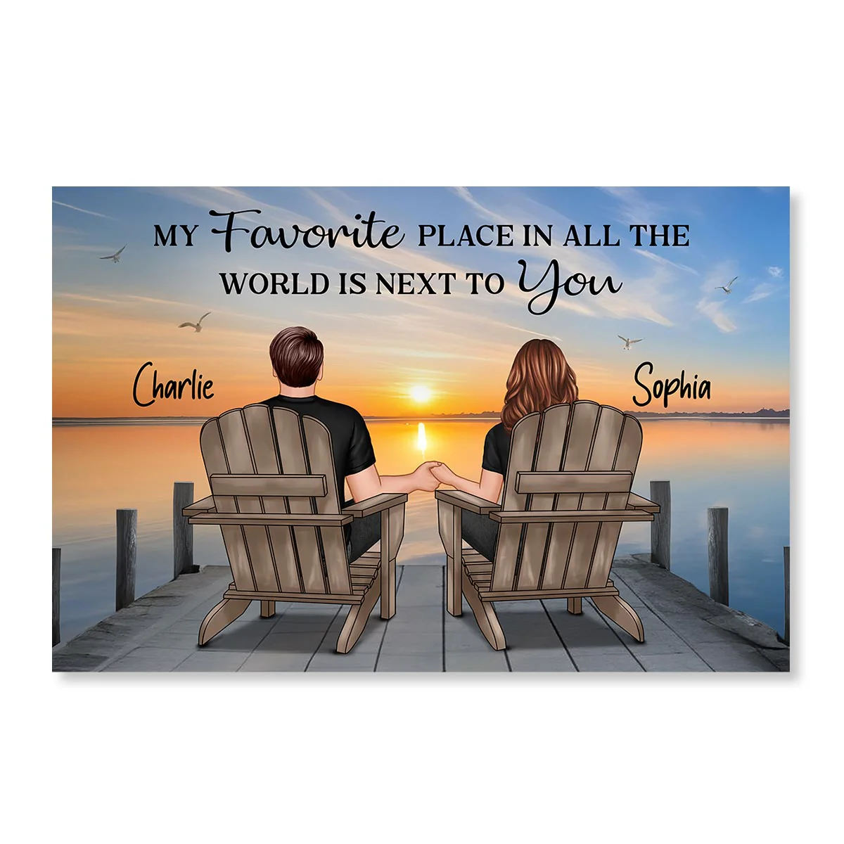 Back View Couple Sitting On The Lake Dock Personalized Poster, Heartfelt Gift For Couple, For Him, For Her, Boyfriend, Girlfriend, Husband, Wife - Image 2