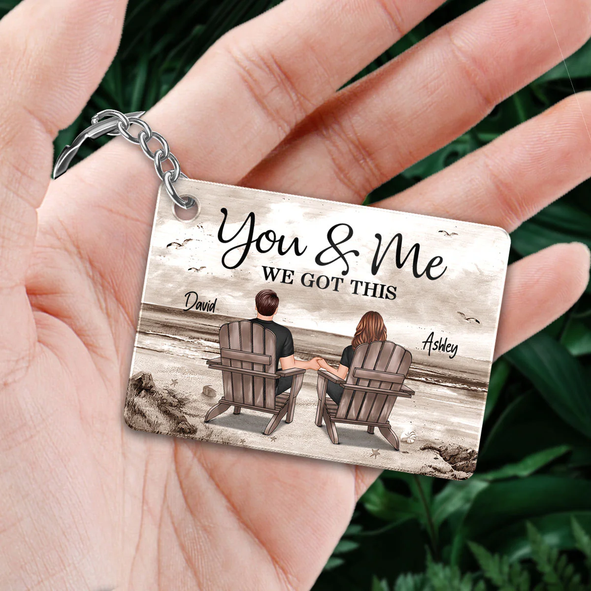 Back View Couple Sitting Retro Vintage Beach Landscape Personalized Acrylic Keychain - Image 3
