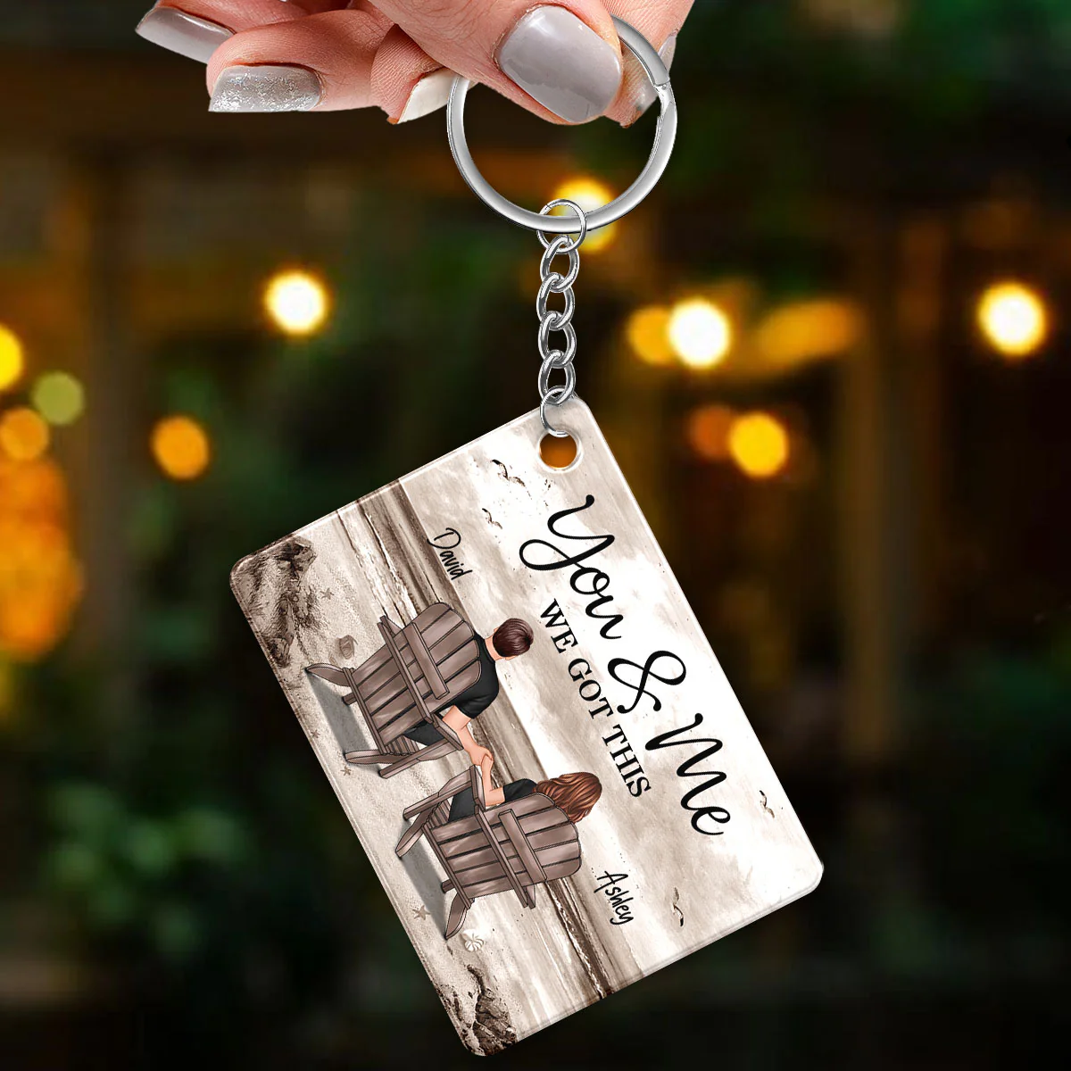 Back View Couple Sitting Retro Vintage Beach Landscape Personalized Acrylic Keychain - Image 4