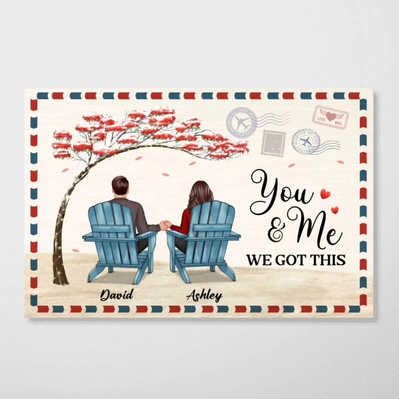 Back View Couple Sitting Under Red Tree Personalized Horizontal Poster - Image 3