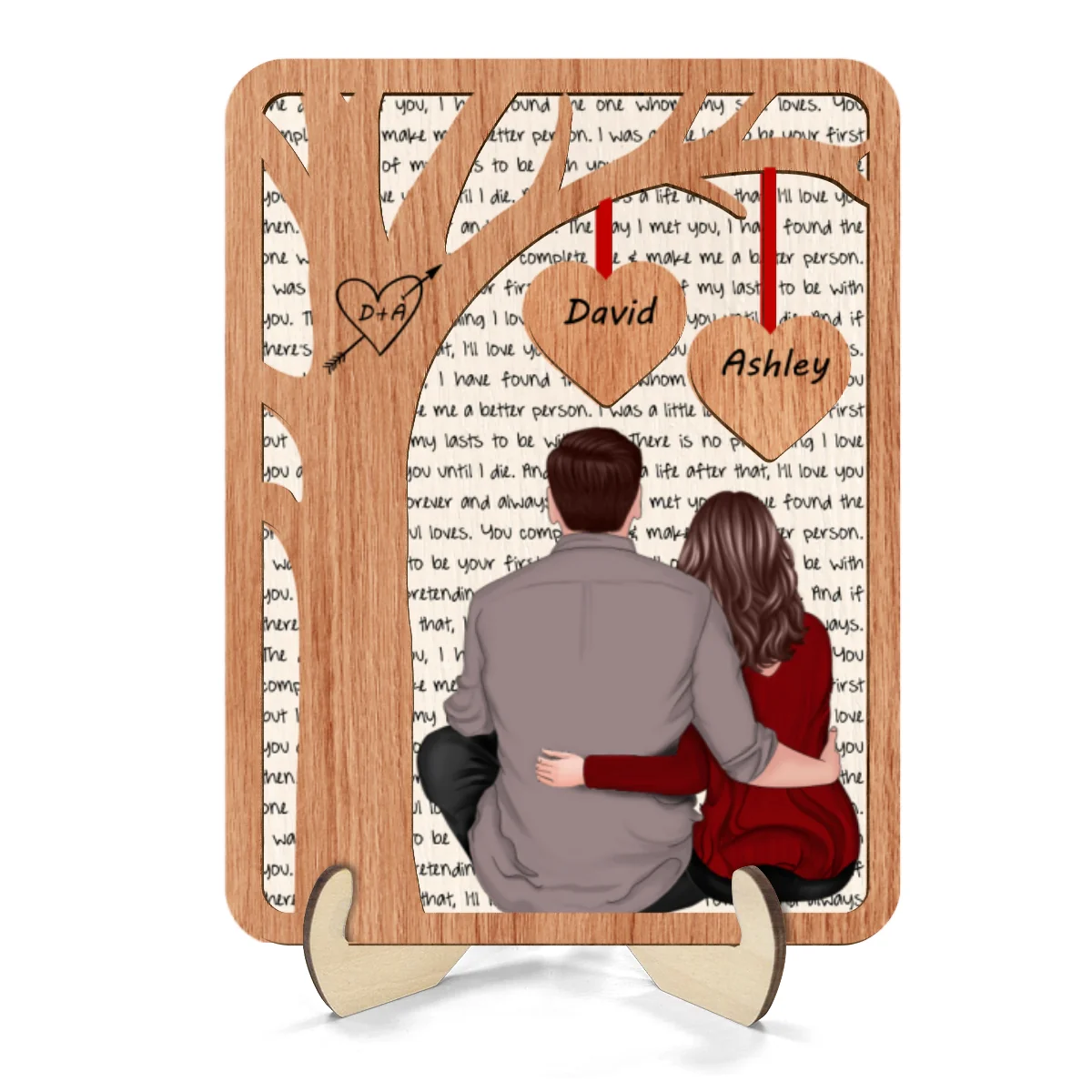 Back View Couple Sitting Under Tree Letters Background Personalized 2-Layer Wooden Plaque - Image 11