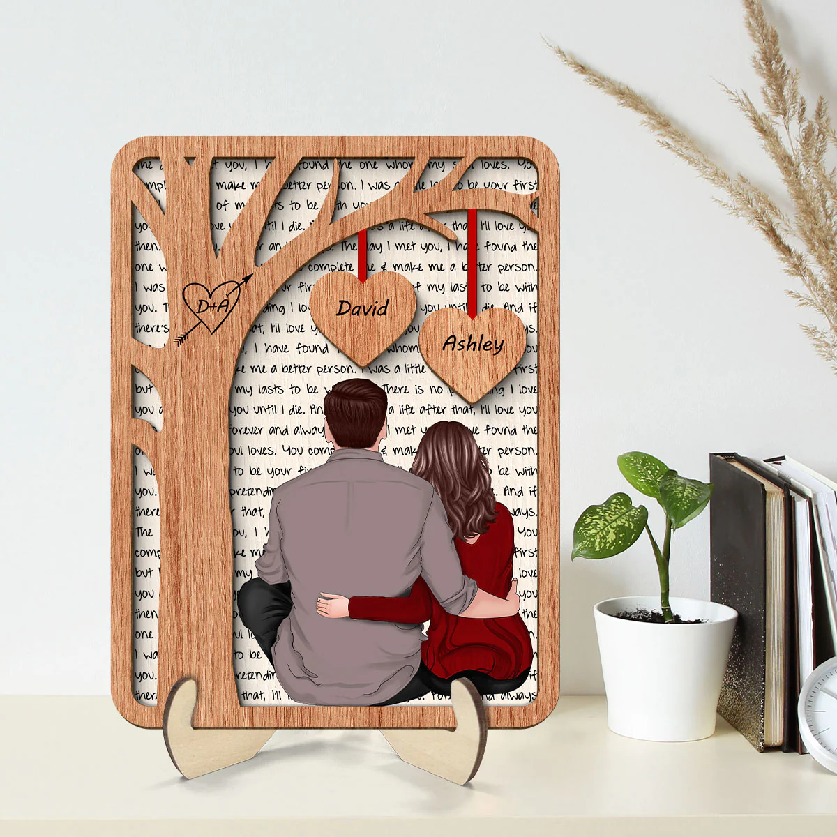 Back View Couple Sitting Under Tree Letters Background Personalized 2-Layer Wooden Plaque - Image 2