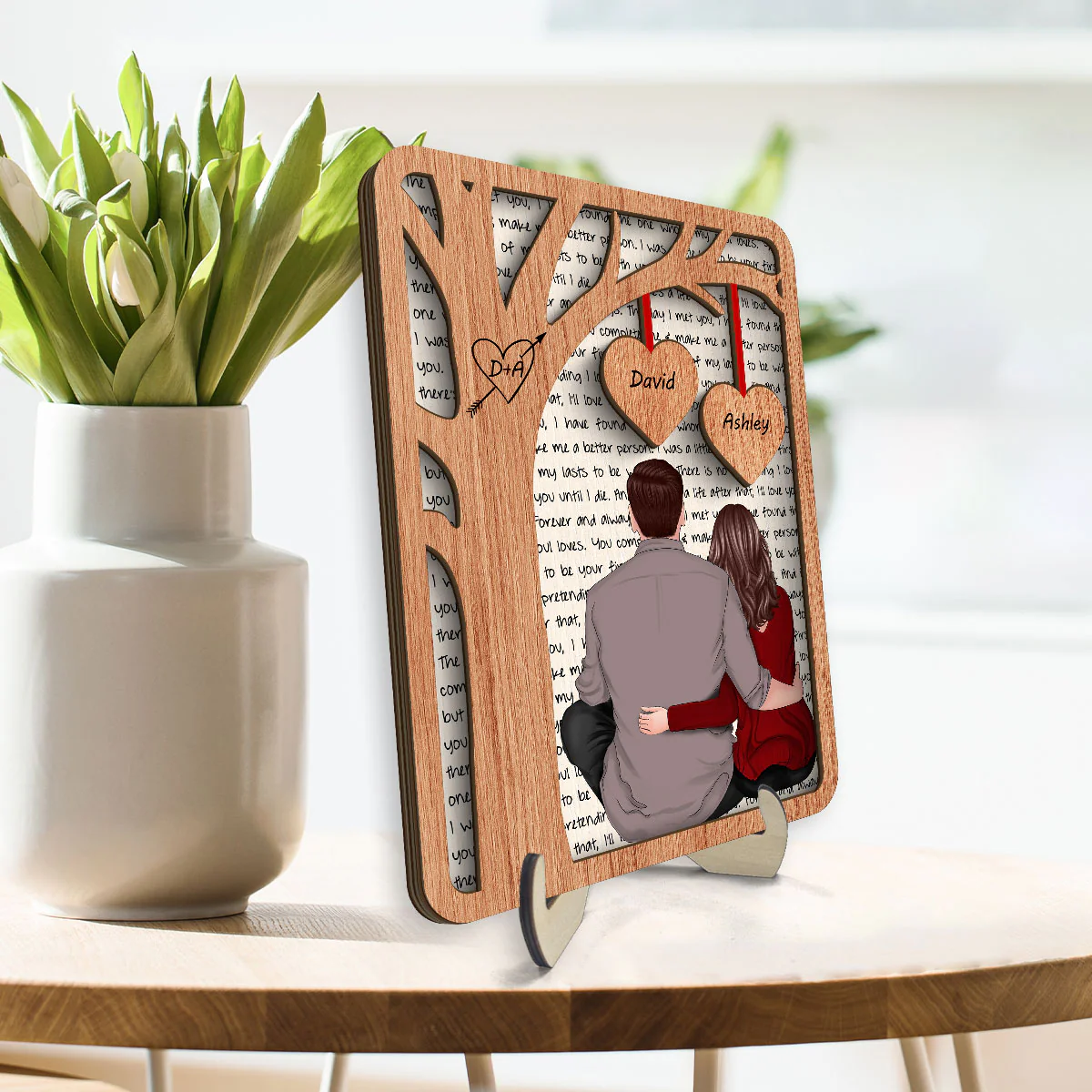 Back View Couple Sitting Under Tree Letters Background Personalized 2-Layer Wooden Plaque - Image 3