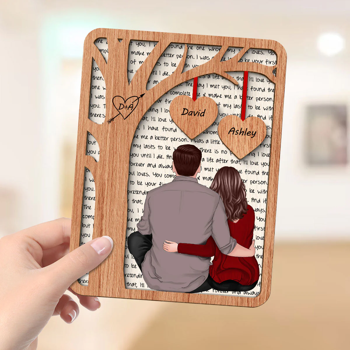 Back View Couple Sitting Under Tree Letters Background Personalized 2-Layer Wooden Plaque - Image 4