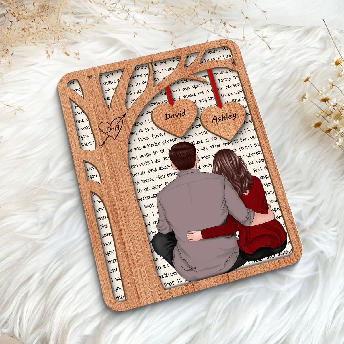 Back View Couple Sitting Under Tree Letters Background Personalized 2-Layer Wooden Plaque - Image 5