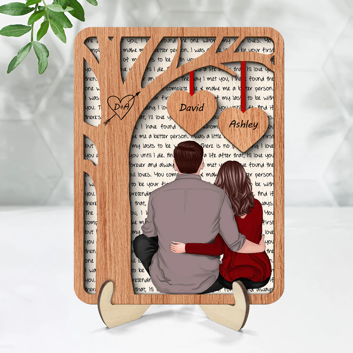Back View Couple Sitting Under Tree Letters Background Personalized 2-Layer Wooden Plaque - Image 7