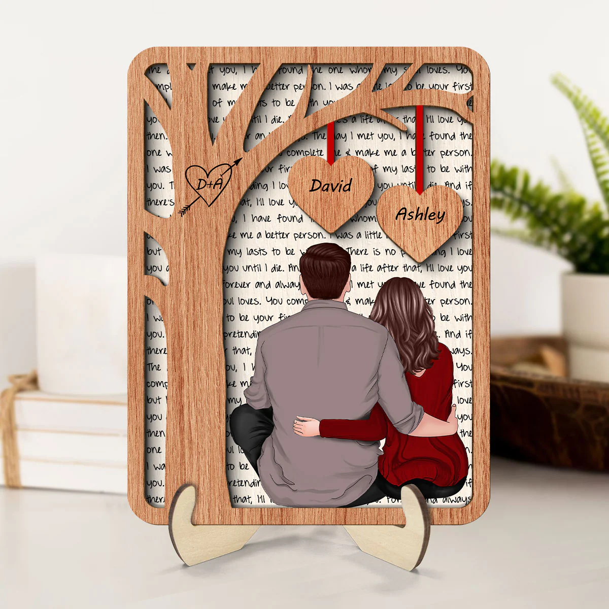 Back View Couple Sitting Under Tree Letters Background Personalized 2-Layer Wooden Plaque - Image 8