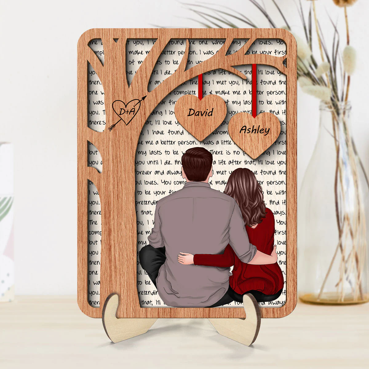 Back View Couple Sitting Under Tree Letters Background Personalized 2-Layer Wooden Plaque - Image 9