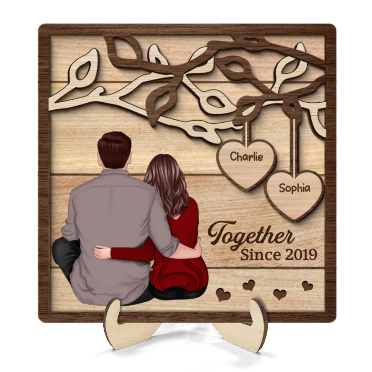 Back View Couple Sitting Under Tree Personalized 2-Layer Wooden Plaque - Image 10