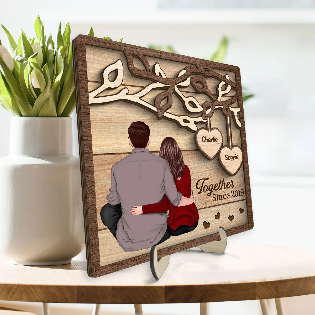 Back View Couple Sitting Under Tree Personalized 2-Layer Wooden Plaque - Image 3