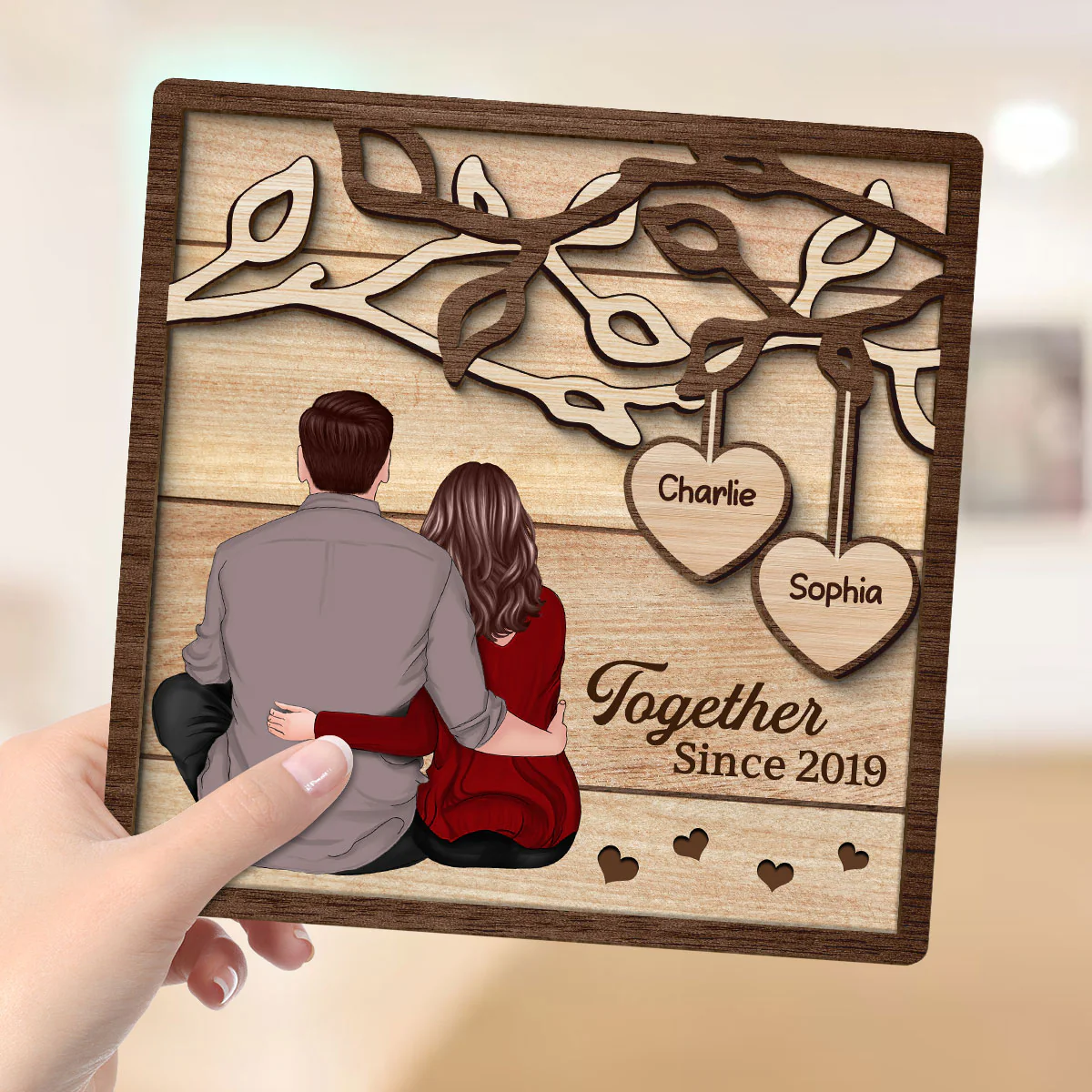 Back View Couple Sitting Under Tree Personalized 2-Layer Wooden Plaque - Image 4