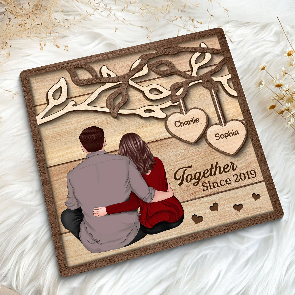 Back View Couple Sitting Under Tree Personalized 2-Layer Wooden Plaque - Image 5