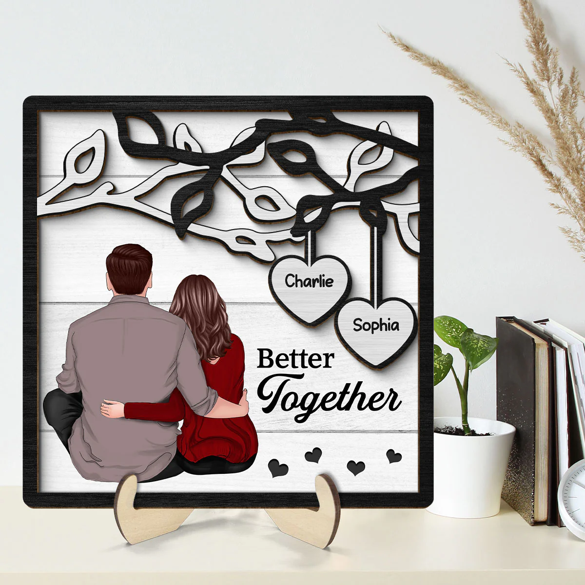 Back View Couple Sitting Under Tree Personalized 2-Layer Wooden Plaque - Image 7