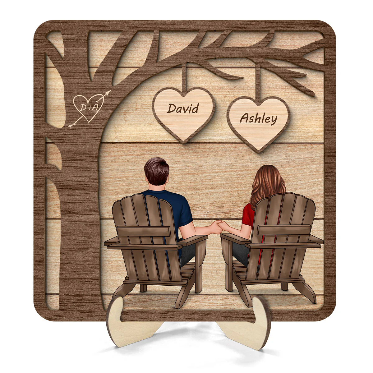 Back View Couple Sitting Under Tree Valentine‘s Gift For Him For Her Personalized 2-Layer Wooden Plaque