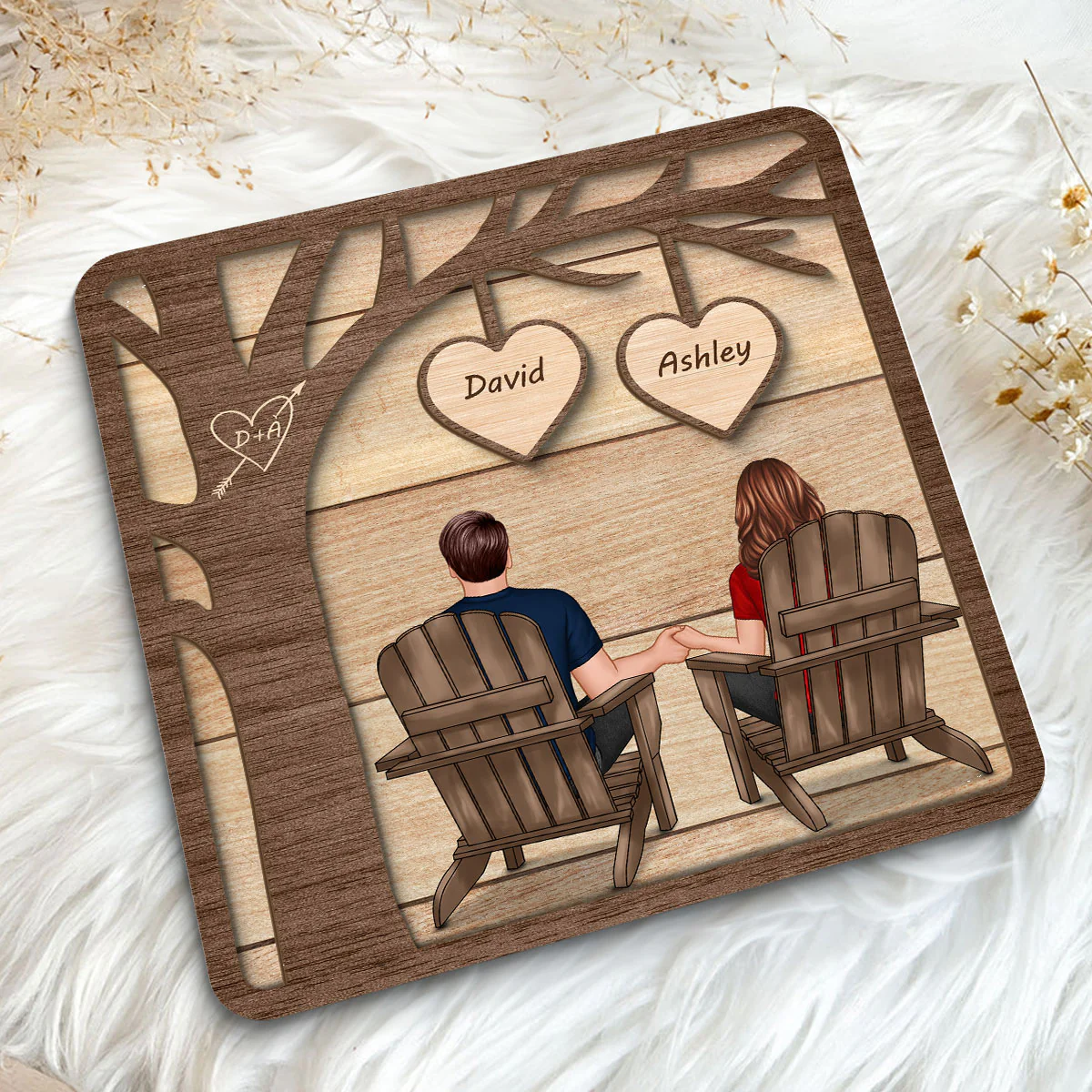 Back View Couple Sitting Under Tree Valentine‘s Gift For Him For Her Personalized 2-Layer Wooden Plaque - Image 5