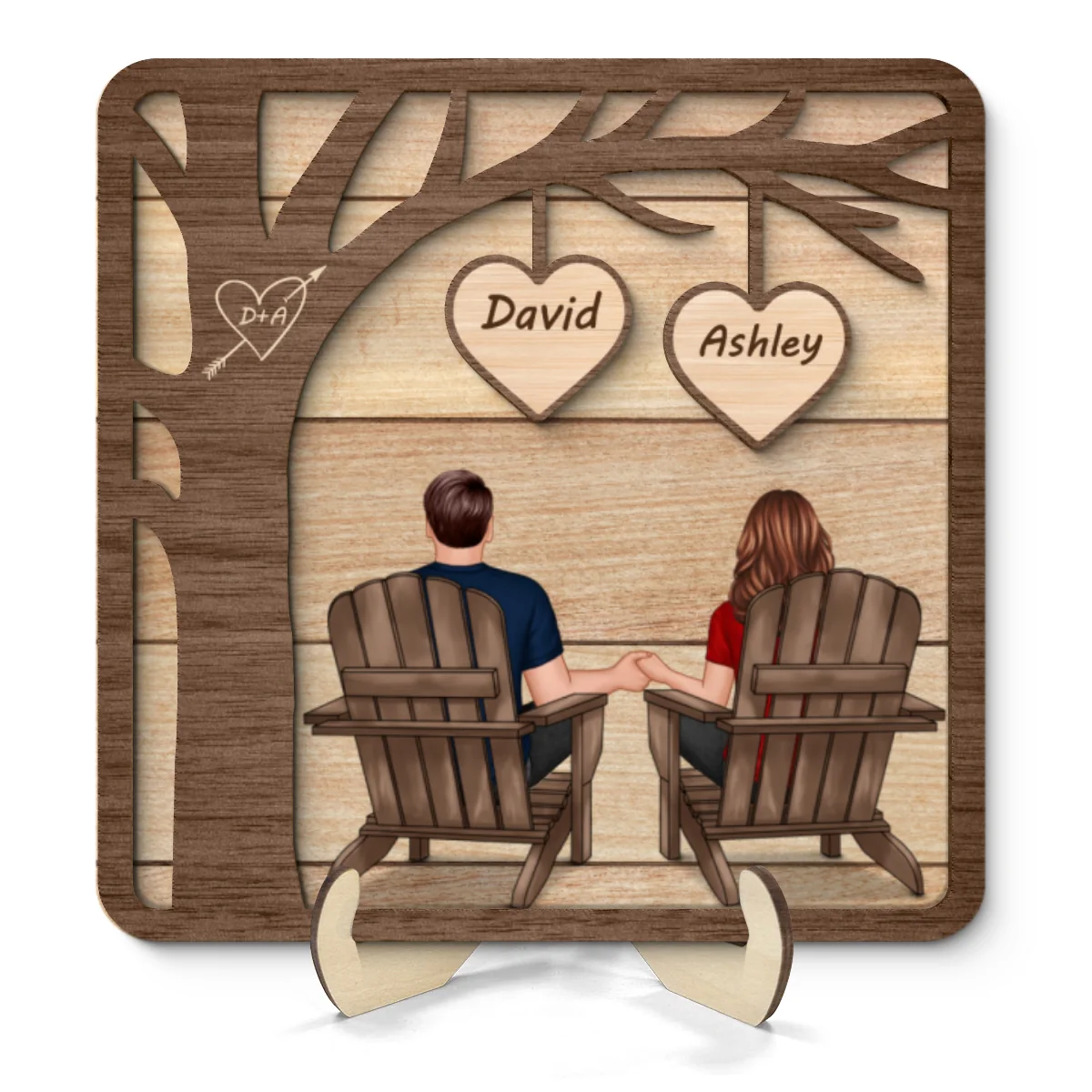 Back View Couple Sitting Under Tree Valentine‘s Gift For Him For Her Personalized 2-Layer Wooden Plaque - Image 8