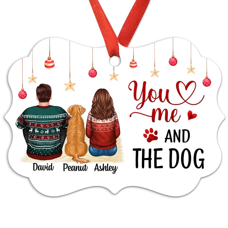 Back View Couple Sitting With Dogs Personalized Christmas Ornament
