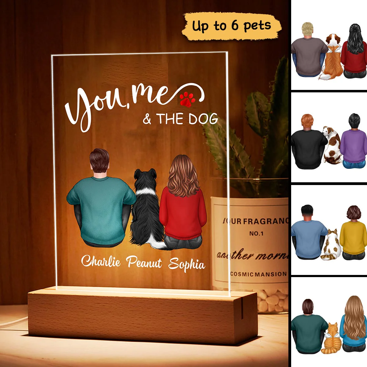 Back View Couple Sitting You Me And The Dogs Cats Personalized Rectangle Acrylic Plaque LED Lamp Night Light - Image 3